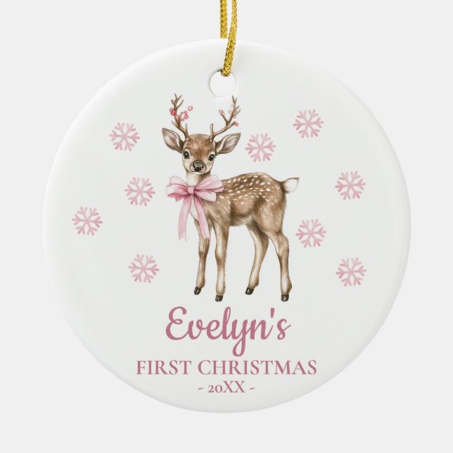 Ornamento De Cerâmica Deer Personalized Girl's First Christmas (Frente)