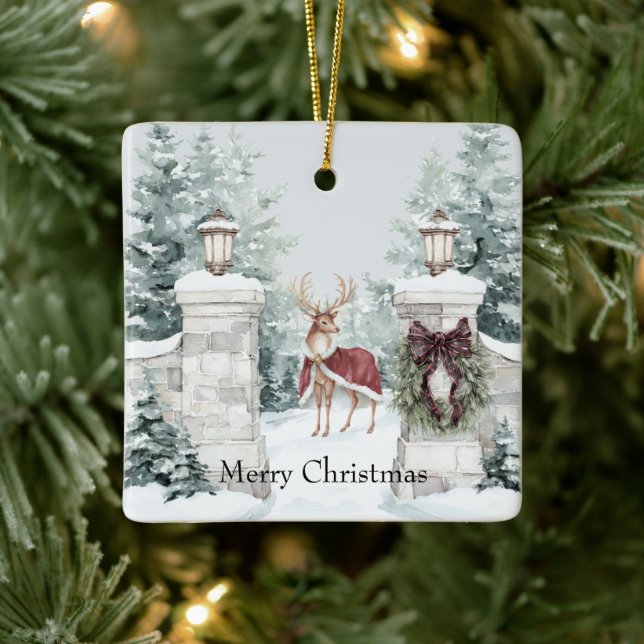 Ornamento De Cerâmica Deer Red Coat Snow Christmas (Árvore)