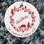 Ornamento De Cerâmica Deer Woodland Wreath Personalizado Natal<br><div class="desc">Uma bonito coroa florestal com cervo,  pássaro,  pinheiros,  bolotas e pinheiros. Altere o texto inferior,  o nome da família e a data para personalizar. Arte original de Nic Squirrell.</div>