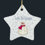 Ornamento De Cerâmica Deixe-o nevar Snowman Star Ornament<br><div class="desc">Que Neve Snowman Star Ornament,  um boneco de neve com o seu cachecol vermelho,  a olhar para a neve em queda,  assente num fundo branco cintilante.</div>
