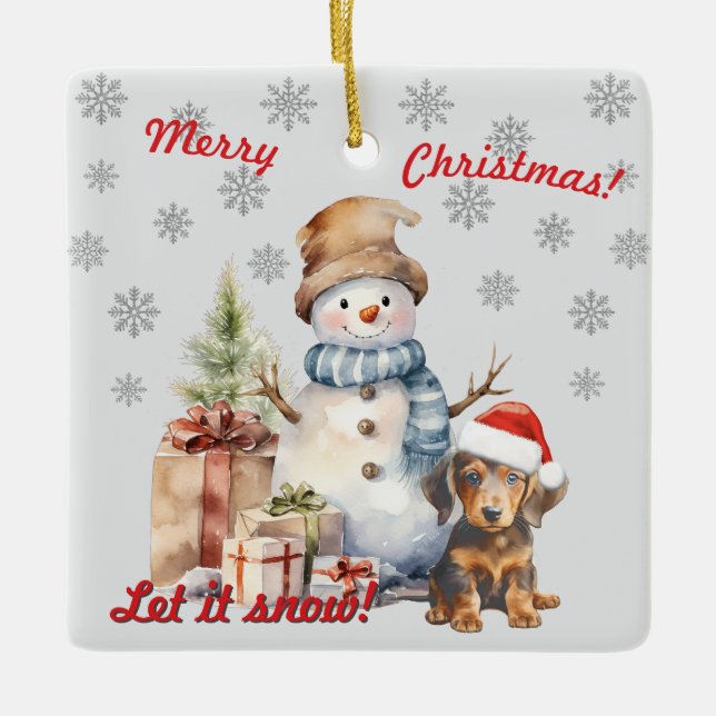 Ornamento De Cerâmica Deixe Snow Dachshund e Snowman (Frente)
