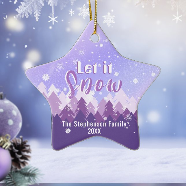 Ornamento De Cerâmica Deixem nevar a Floresta de Neve Roxa Feliz Natal (Criador carregado)