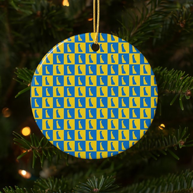 Ornamento De Cerâmica Delaware Checker Blue Gold Yellow Pattern (An ornament with a pattern of Delaware done in blue and gold yellow.)