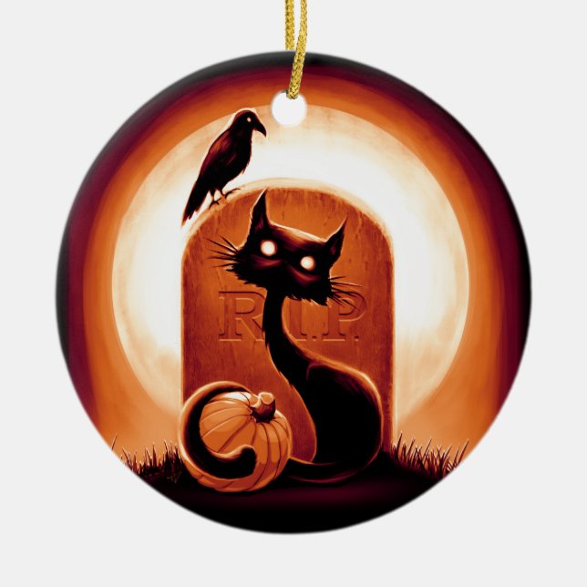 Ornamento De Cerâmica Derpy Halloween Cat por Tombstone (Frente)