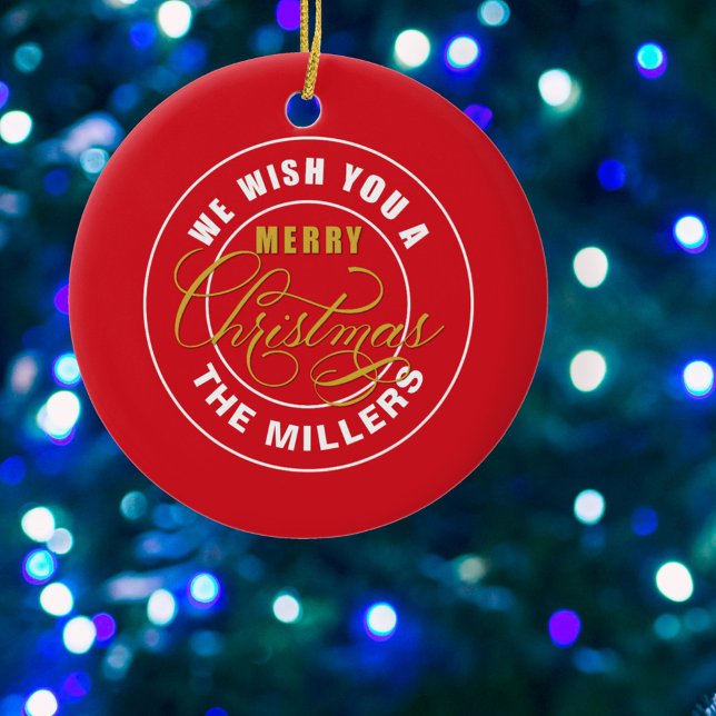 Ornamento De Cerâmica Desejamos-lhe um Feliz Natal Vermelho (Criador carregado)