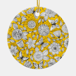 Ornamento De Cerâmica Desenho abstrato floral amarelo branco fofo