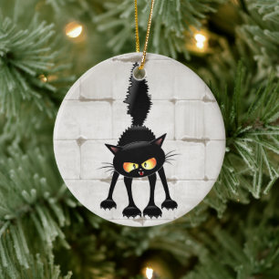 Ornamento De Cerâmica Desenho Animado de Gato Preto Engraçado e Feroz