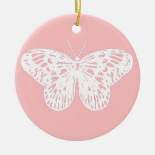 Ornamento De Cerâmica Desenho da borboleta, cor-de-rosa-casca e branco