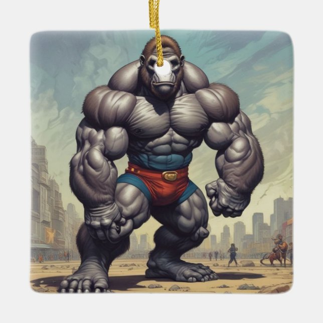 Ornamento De Cerâmica Desenho de Cartoons de Pop de Gorilla Bodybuilder (Frente)
