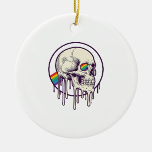 Ornamento De Cerâmica Desenho de crânio pingando arco-íris com gravação 