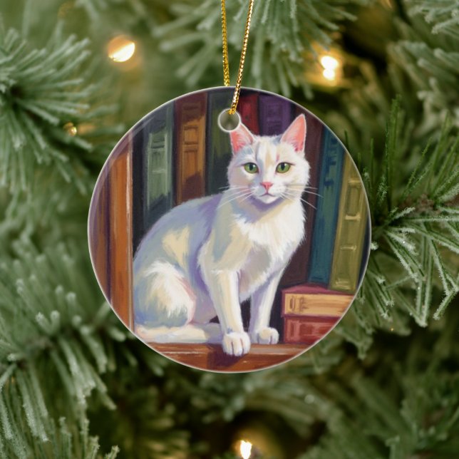 Ornamento De Cerâmica Desenho de Gato Branco (Árvore)