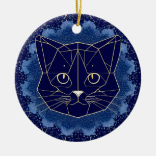 Ornamento De Cerâmica Desenho de Gato Geométrico Cercado por Estrelas Do
