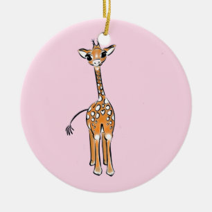 Ornamento De Cerâmica Desenho de girafa fofa cor-de-rosa