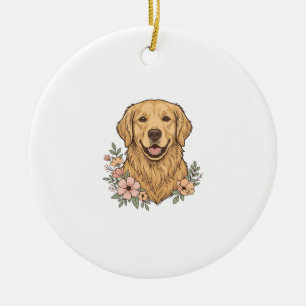 Ornamento De Cerâmica Desenho de Gravura Vintage Floral Golden Retriever