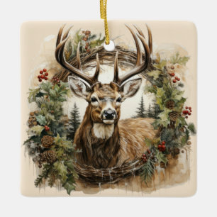Ornamento De Cerâmica Desenho de Veado de Natal Vintage em Aquarela