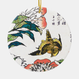 Ornamento De Cerâmica Desenho em japonês, Peonies e Sparrow