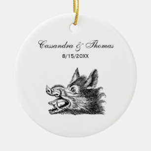 Ornamento De Cerâmica Desenho em Preto e Branco de Cabeça de Javali Anti