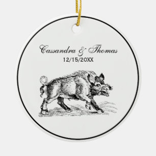Ornamento De Cerâmica Desenho em Preto e Branco de Javali Antigo #2