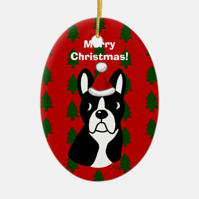 Ornamento De Cerâmica Desenhos animados do Natal de Boston Terrier (Frente)