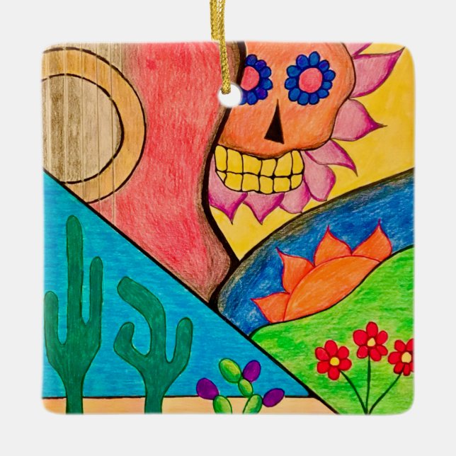 Ornamento De Cerâmica Desert Skull Christmas Cactus FolArt (Frente)