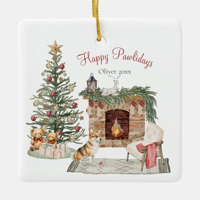 Ornamento De Cerâmica Design de Cachorro Feliz Pawlidays - Corgi (Frente)