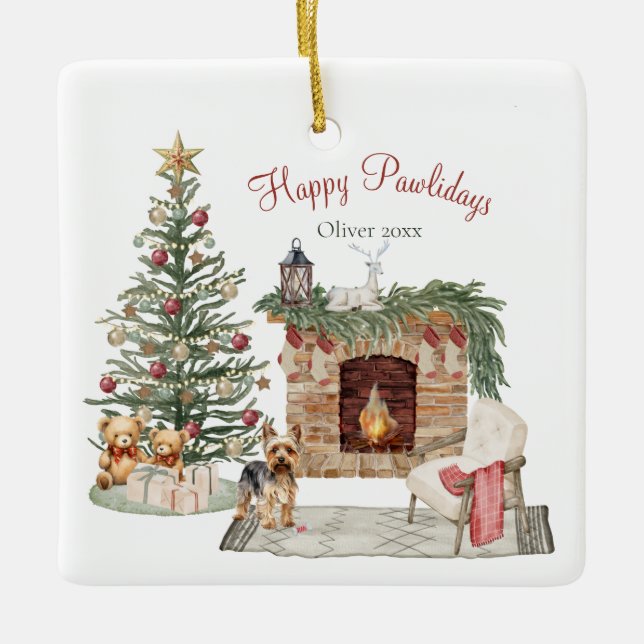 Ornamento De Cerâmica Design de Cachorro Feliz Pawlidays - Yorkie (Frente)