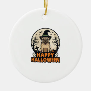 Ornamento De Cerâmica Design de Camisa Vintage Pug Feliz Halloween Bruxa