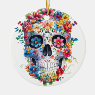Ornamento De Cerâmica Design de Caveira Floral