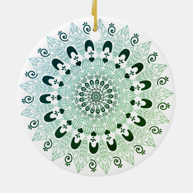 Ornamento De Cerâmica Design de Flor de Mandala Verde e Branco (Traseira)