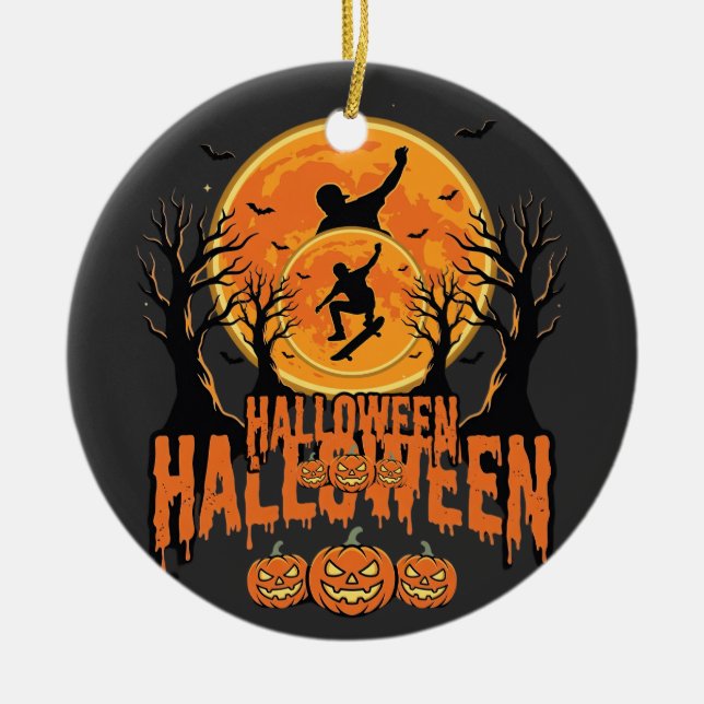Ornamento De Cerâmica Design de Lua de Skateboard de Halloween (Frente)