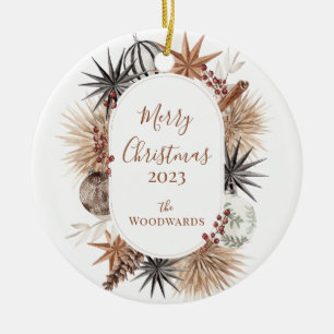 Ornamento De Cerâmica Design de Natal Rustic com Nome da Família