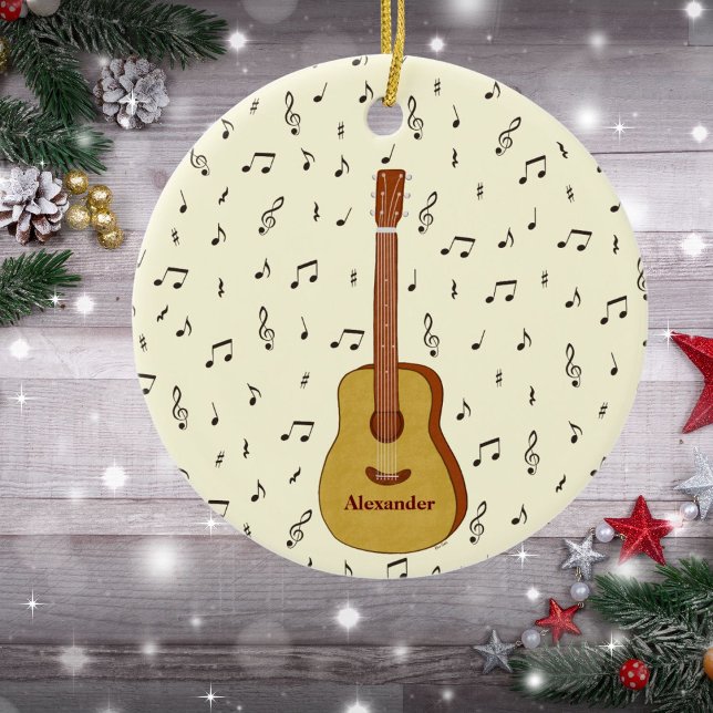 Ornamento De Cerâmica Design de Nota de Música Festiva e Guitarrista (Guitar With Music Notes Personalized Ceramic Ornament)