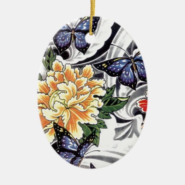 Ornamento De Cerâmica Design de Peony Amarelo e de Tatuagem de Borboleta (Frente)