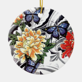 Ornamento De Cerâmica Design de Peony Amarelo e de Tatuagem de Borboleta