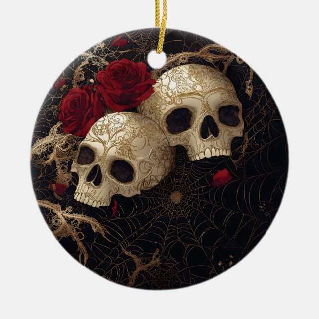 Ornamento De Cerâmica Design de Skulls e rosa vermelha (Frente)