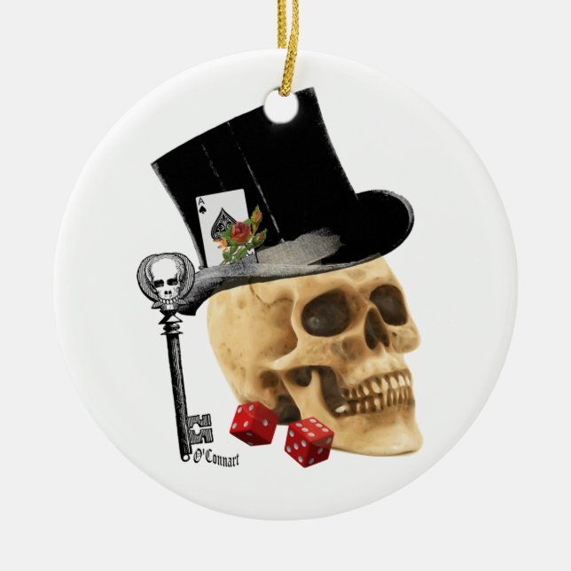 Ornamento De Cerâmica Design de tatuagem no crânio de um jogador gótico (Frente)