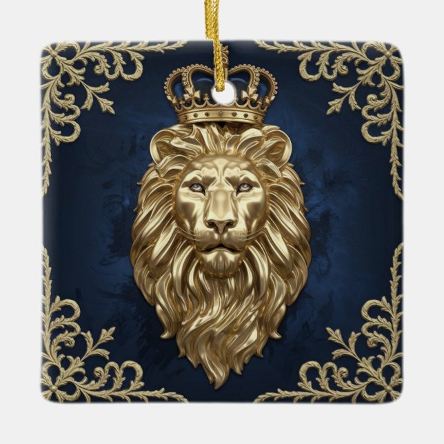 Ornamento De Cerâmica Design do Leão Regal - Azul Marinho e luxo Dourado (Frente)