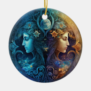 Ornamento De Cerâmica Design em Aquarela do Signo de Gêmeos do Zodíaco