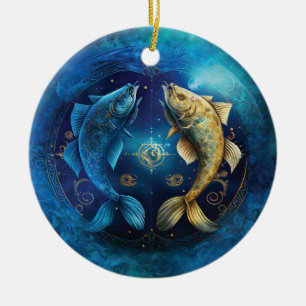 Ornamento De Cerâmica Design em Aquarela do Signo de Peixes