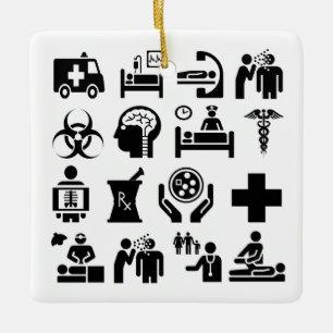 Ornamento De Cerâmica Design preto e branco corajoso dos ícones médico