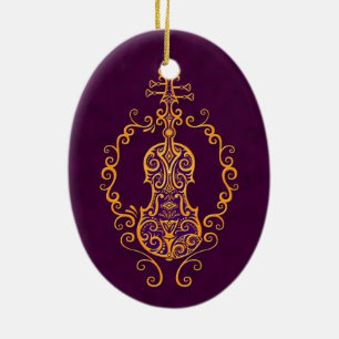 Ornamento De Cerâmica Design roxo dourado intrincado do violino