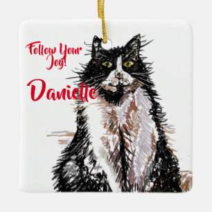 Ornamento De Cerâmica Desorte de Nome para Crianças de Tuxedo Preto e Br