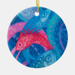 Ornamento De Cerâmica Desova, peixe, arte submarina, pastel, azul, rosa