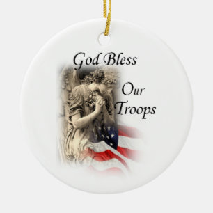 Ornamento De Cerâmica Deus abençoe nossas tropas que Praying o anjo com