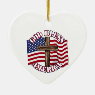 Ornamento De Cerâmica Deus Abençoe o Americano com a Bandeira dos EUA e 