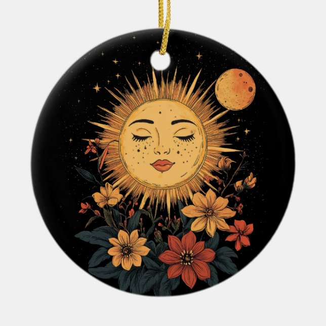 Ornamento De Cerâmica Deusa Sol Celestial com Florais Brilhantes (Frente)