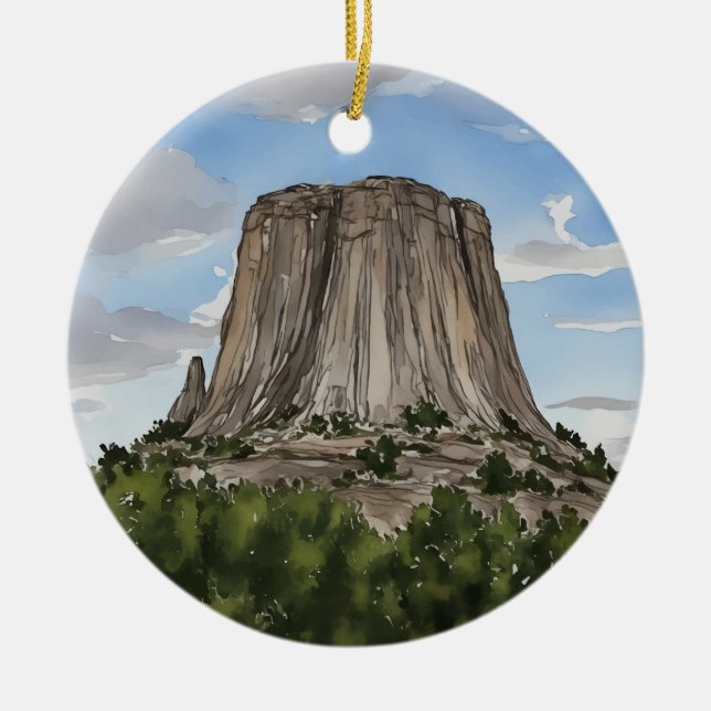 Ornamento De Cerâmica Devils Tower National Monuuument Wyoming Watercolo (Frente)