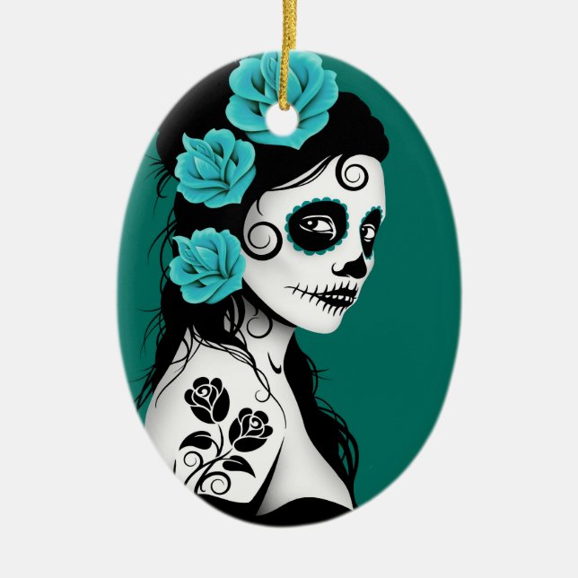 Ornamento De Cerâmica Dia azul da cerceta da menina inoperante do crânio (Frente)