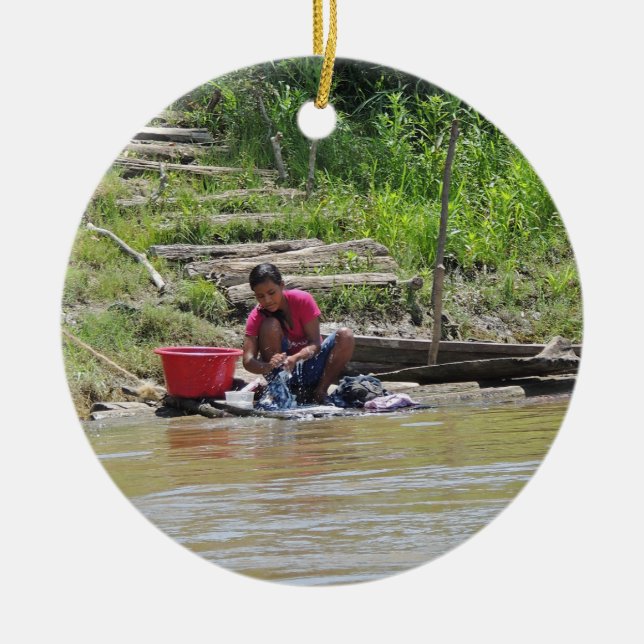 Ornamento De Cerâmica Dia da lavanderia no rio (Frente)
