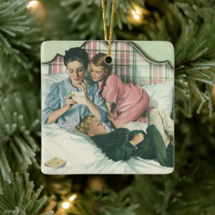 Ornamento De Cerâmica Dia das Mães Vintage, Crianças Lendo Cartões na Ca